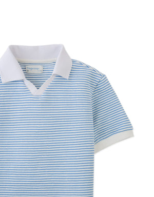 The Gingersnaps Boys' Husker Striped Terry Shirt features blue and white stripes, a white collar, short terry sleeves, and crisp white trim for a fresh, classic look.