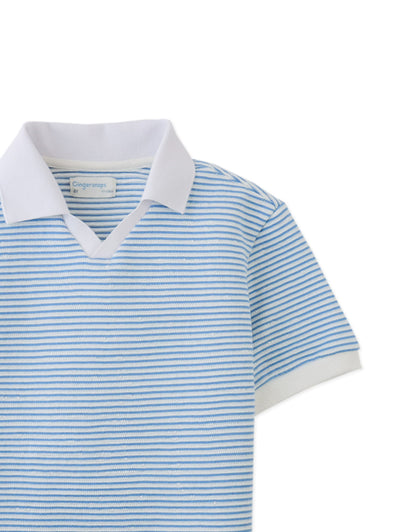 The Gingersnaps Boys' Husker Striped Terry Shirt features blue and white stripes, a white collar, short terry sleeves, and crisp white trim for a fresh, classic look.