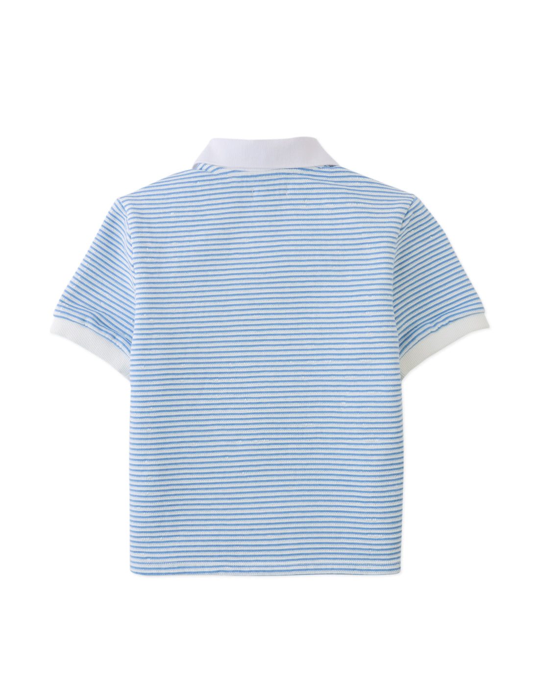 The Boys' Husker Striped Terry Shirt by Gingersnaps is a blue and white short sleeve polo with horizontal stripes, white collar, and sleeve cuffs, shown from the back.