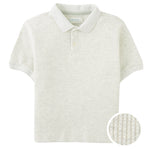 The Boys' Keith Waffle Knit Polo Shirt by Gingersnaps features a light grey, waffle-knit texture, short sleeves, collar, and two buttons—stylish and comfortable for boys, with close-up detail highlighting its unique fabric.