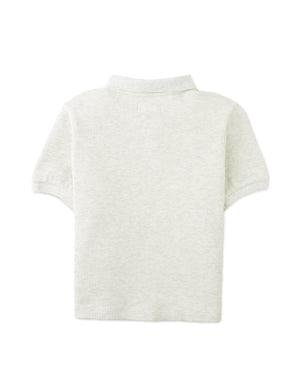 Back view of the Boys' Keith Waffle Knit Polo Shirt by Gingersnaps in light grey, featuring a collar and waffle-knit texture, laid flat on a white background—perfect for a stylish and cozy look.