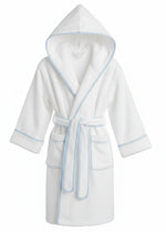The Terry Tots Kids’ Bathrobe features a plush white design with blue gingham trim, front pockets, and a fabric belt, shown against a plain white background.