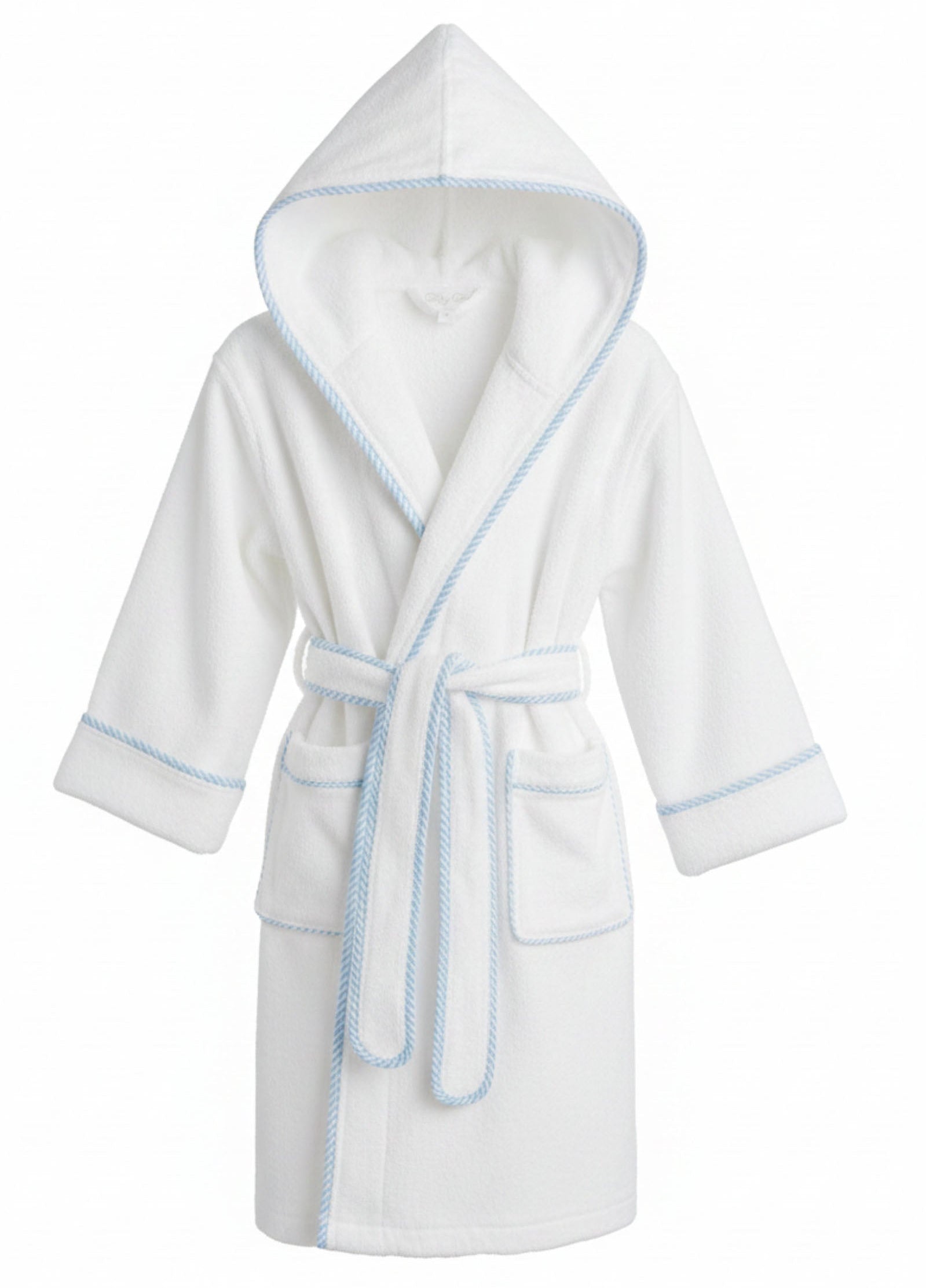 The Terry Tots Kids’ Bathrobe features a plush white design with blue gingham trim, front pockets, and a fabric belt, shown against a plain white background.