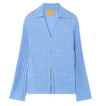 The Breezy Cardigan by Guest in Residence is a light blue women's lightweight, long-sleeve, collared button-down—ideal for spring and summer—shown against a plain white background.