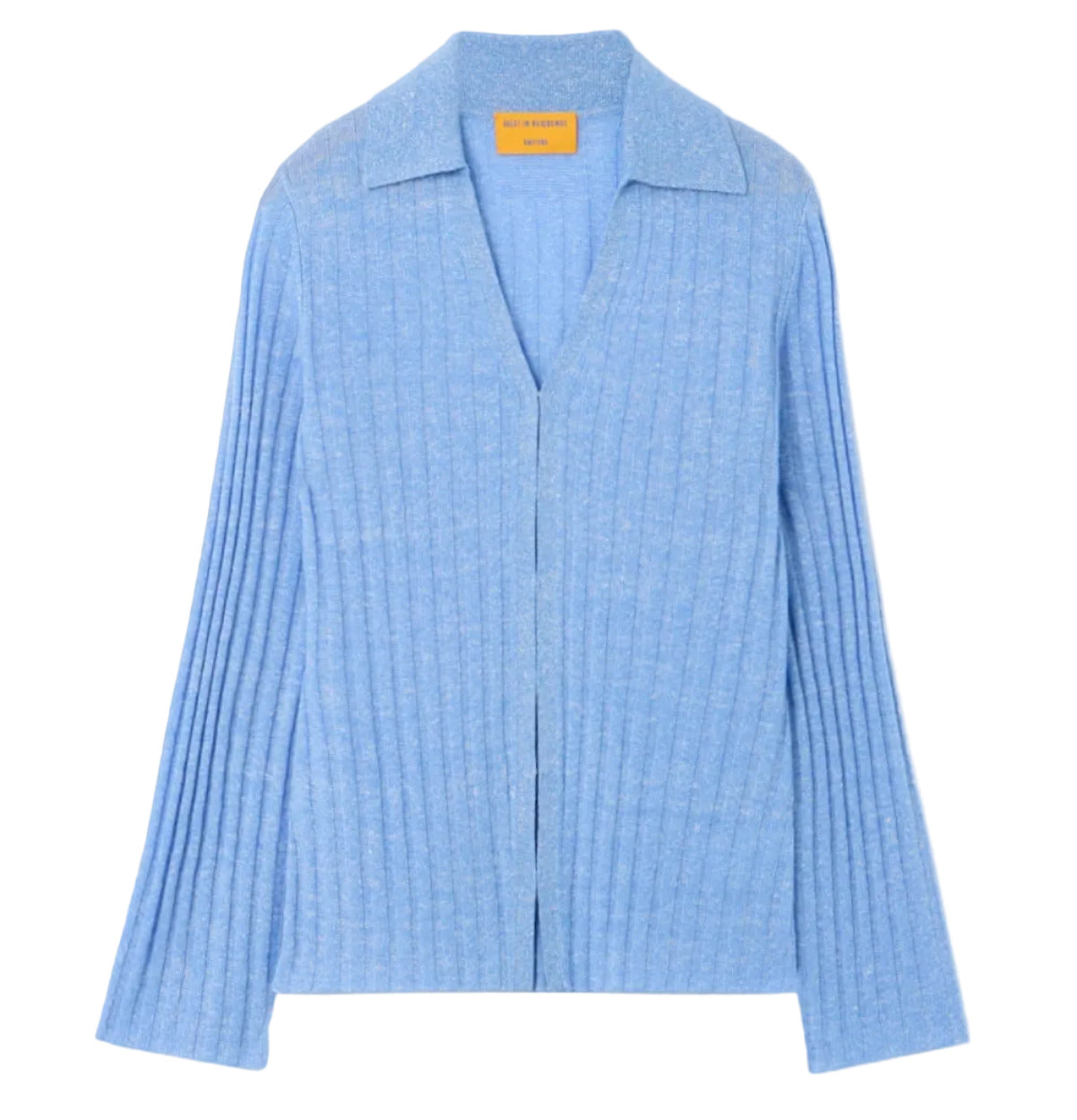 The Breezy Cardigan by Guest in Residence is a light blue women's lightweight, long-sleeve, collared button-down—ideal for spring and summer—shown against a plain white background.