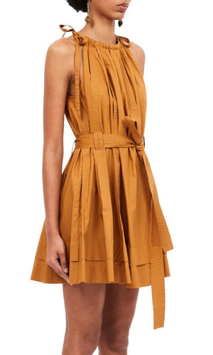 A woman is wearing a sleeveless, knee-length, Topaz-colored Ulla Johnson Brienne Dress made of cotton poplin, featuring a tied waist belt and adjustable strap ties on the shoulder bows.