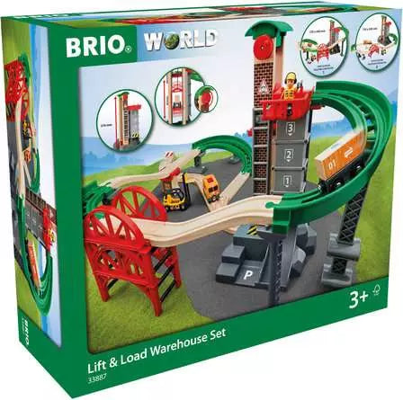 The BRIO Lift & Load Warehouse Set by Brio features an exciting railway setup with tracks, vehicles, and an engaging multi-storey lift element, all showcased within its packaging. It's designed for children aged 3 and older.