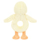 The Jellycat Bashful Duckling Ring Rattle is a soft, yellow plush duck toy made from recycled fibers, featuring orange feet and a circular hole in its body—perfect as a baby rattle.