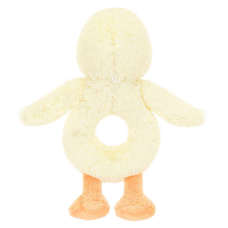 The Jellycat Bashful Duckling Ring Rattle is a soft, yellow plush duck toy made from recycled fibers, featuring orange feet and a circular hole in its body—perfect as a baby rattle.