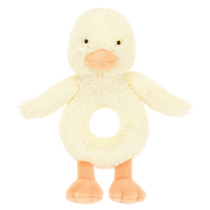 The Jellycat Bashful Duckling Ring Rattle, made from recycled fibers, features a cream-colored plush body, orange beak and feet, and a circular hole—perfect as a soft upright baby rattle.