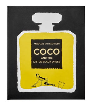 Book cover featuring a yellow perfume bottle with a black label that reads "Graphic Image, Coco and the Little Black Dress." An illustration shows French fashion designer Coco Chanel scrubbing the floor with a bucket.