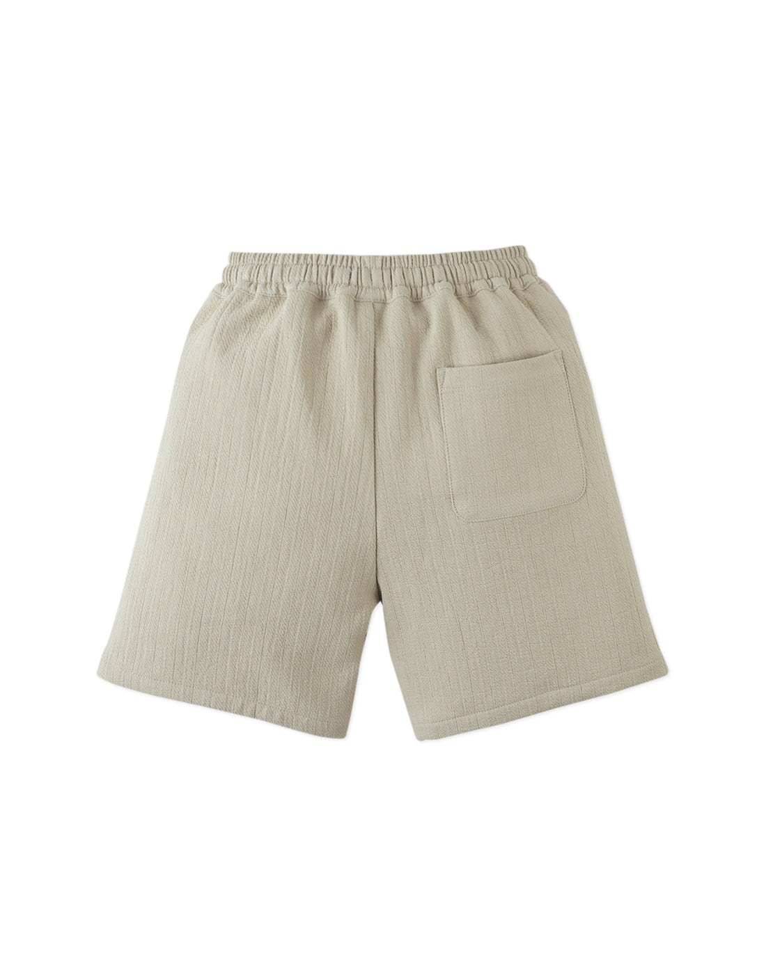 Gingersnaps Boys' Marlow Textured Drawstring Shorts in beige feature an elastic waistband, contrast stitching, and a single back pocket; shown on a white background.