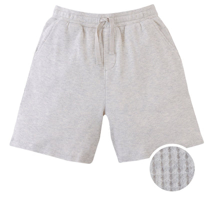 Gingersnaps Boys' Denzel Waffle Knit Drawstring Shorts feature a light gray melange color, textured waffle knit finish, elastic waistband, and side pockets. A circular inset shows off the unique pattern.