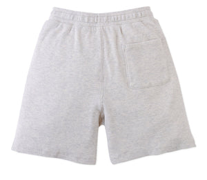The Gingersnaps Boys' Denzel Waffle Knit Drawstring Shorts in light grey melange feature an elastic waistband, single back pocket, and soft waffle knit fabric, shown flat on a white background.