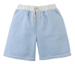 The Gingersnaps Boys' Dreyfus Striped Terry Drawstring Shorts feature light blue and white textured stripes, an elastic waistband, and a white drawstring, displayed on a plain white background.