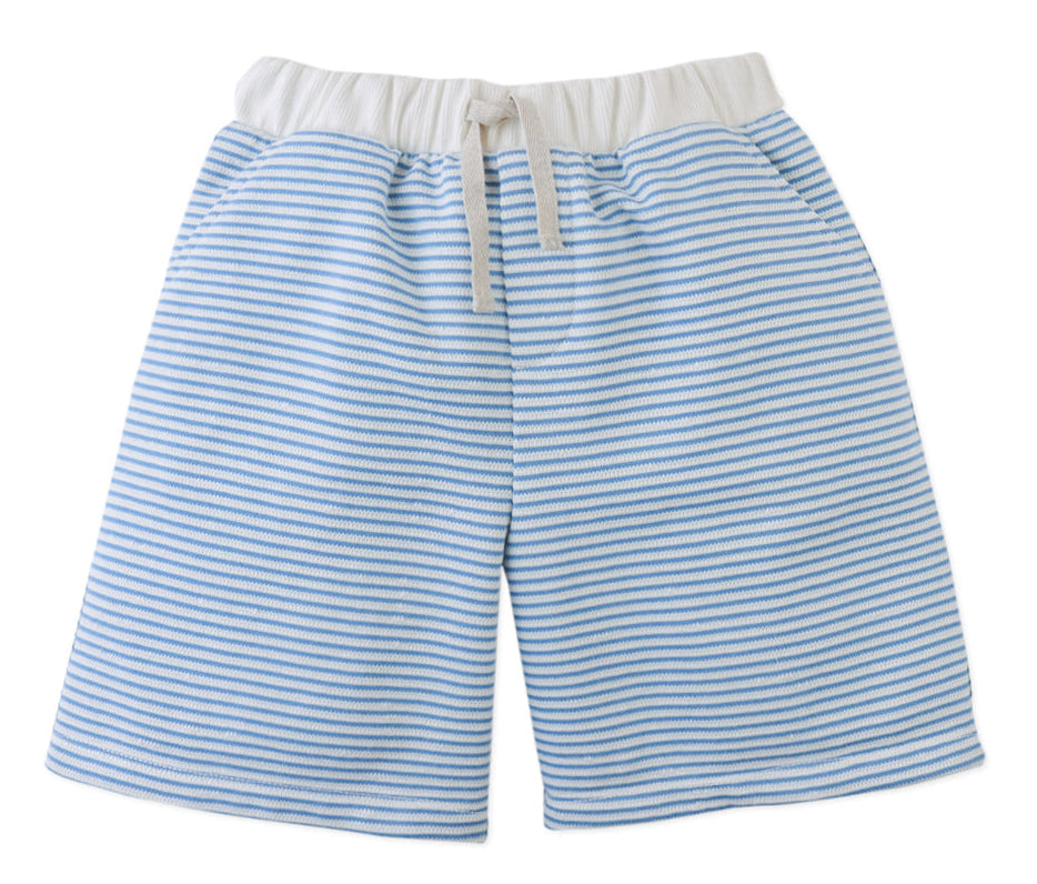 The Gingersnaps Boys' Dreyfus Striped Terry Drawstring Shorts feature light blue and white textured stripes, an elastic waistband, and a white drawstring, displayed on a plain white background.