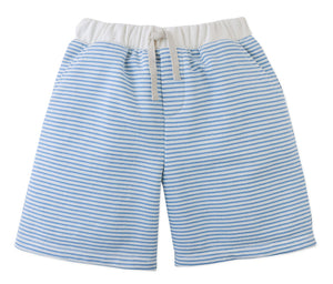 The Gingersnaps Boys' Dreyfus Striped Terry Drawstring Shorts feature light blue and white textured stripes, an elastic waistband, and a white drawstring, displayed on a plain white background.