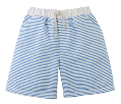 The Gingersnaps Boys' Dreyfus Striped Terry Drawstring Shorts feature light blue and white textured stripes, an elastic waistband, and a white drawstring, displayed on a plain white background.