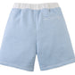 Back view of Gingersnaps Boys' Dreyfus Striped Terry Drawstring Shorts in light blue and white, featuring an elastic waistband, single rear pocket, and a classic textured terry finish.