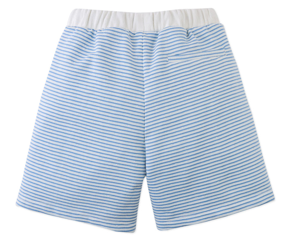 Back view of Gingersnaps Boys' Dreyfus Striped Terry Drawstring Shorts in light blue and white, featuring an elastic waistband, single rear pocket, and a classic textured terry finish.