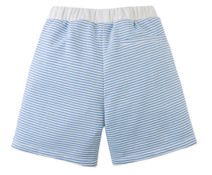 Back view of Gingersnaps Boys' Dreyfus Striped Terry Drawstring Shorts in light blue and white, featuring an elastic waistband, single rear pocket, and a classic textured terry finish.