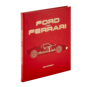 The "Ford Versus Ferrari" book by Graphic Image features a red cover with a race car outline and yellow text—a perfect gift for car enthusiasts inspired by the Le Mans 66 rivalry.