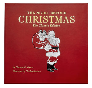 Red leather cover of "The Night Before Christmas Leather Book" by Graphic Image, an illustrated children’s book featuring Santa Claus with a sack of toys.
