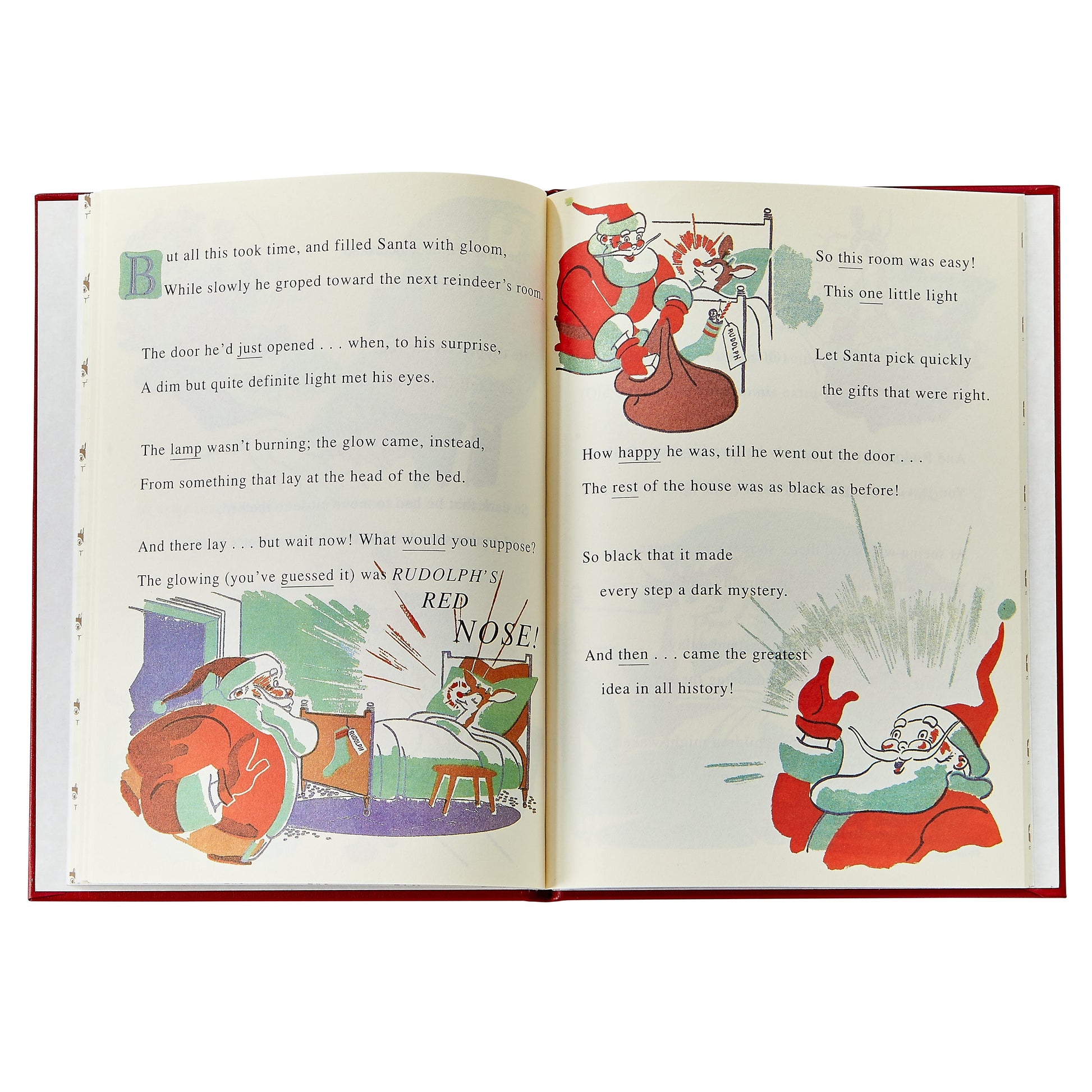 Open "Rudolph the Red Nosed Reindeer Leather Book" by Graphic Image, an illustrated children’s story where Santa meets Rudolph and swiftly delivers gifts, sharing this classic, heartwarming Christmas tale.
