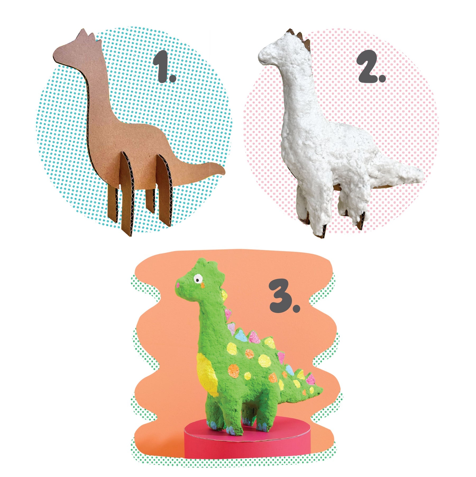 Explore three prehistoric creations from the Bright Stripes Paper Mache All Day Kit: a brown cardboard dinosaur crafted with easy-to-use cardboard techniques, a white textured dinosaur ideal for kids’ sculpting, and a green dinosaur adorned with colorful spots and spikes—each showcased against an eye-catching orange background.
