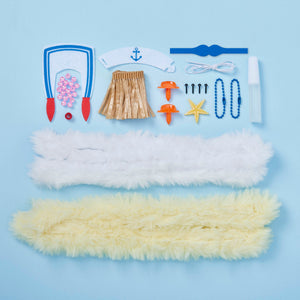 A flat lay of DIY Chenille Cuties - Ducks accessories by Bright Stripes displayed on a blue background, featuring faux fur bands, a hula skirt, sailor hat, beads, starfish, ear covers, string, buttons, pipe cleaner duckies, and other small parts—perfect for assembling your own craft kit or making whimsical bag danglers.