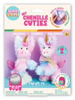 Packaging for Bright Stripes’ DIY Chenille Cuties - Unicorns craft kit, featuring materials to make delightful pipe cleaner unicorns. The box showcases two completed fluffy unicorn bag charms with gold horns in pink, blue, and white—a magical DIY accessory project designed for ages 8 and up.