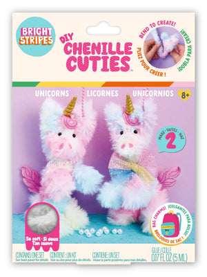 Packaging for Bright Stripes’ DIY Chenille Cuties - Unicorns craft kit, featuring materials to make delightful pipe cleaner unicorns. The box showcases two completed fluffy unicorn bag charms with gold horns in pink, blue, and white—a magical DIY accessory project designed for ages 8 and up.