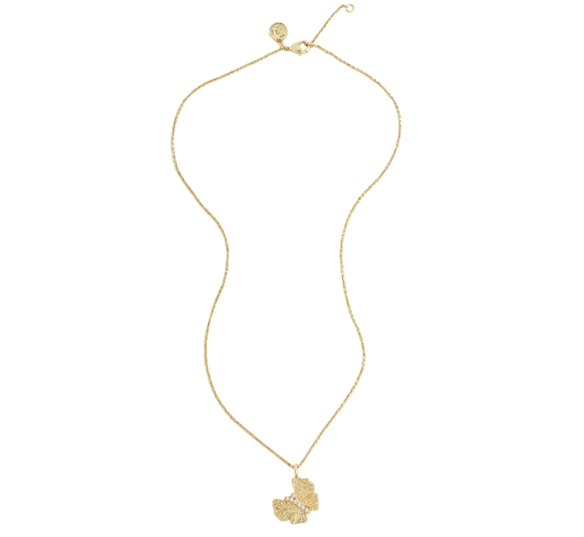 The Anabel Aram Butterfly Gold Necklace features a detailed butterfly pendant with hand-set crystals on a fine 18k gold chain, shown against a white background.