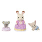 Three small animal figurines from the Calico Critters collection, dressed in pastel outfits—a koala in pink, a rabbit in purple, and a fox in blue—are elegantly posed against a white background, making them a delightful addition to any dollhouse playset or the Red Roof Country Home Gift Set.