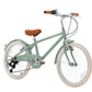 Banwood Kids’ Vintage Classic Bike in light green, featuring seven speeds, a brown saddle and handlebars, white tires, rear derailleur gears, and silver fenders, shown on a white background.