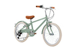 Banwood Kids’ Vintage Classic Bike in light green, featuring seven speeds, a brown saddle and handlebars, white tires, rear derailleur gears, and silver fenders, shown on a white background.