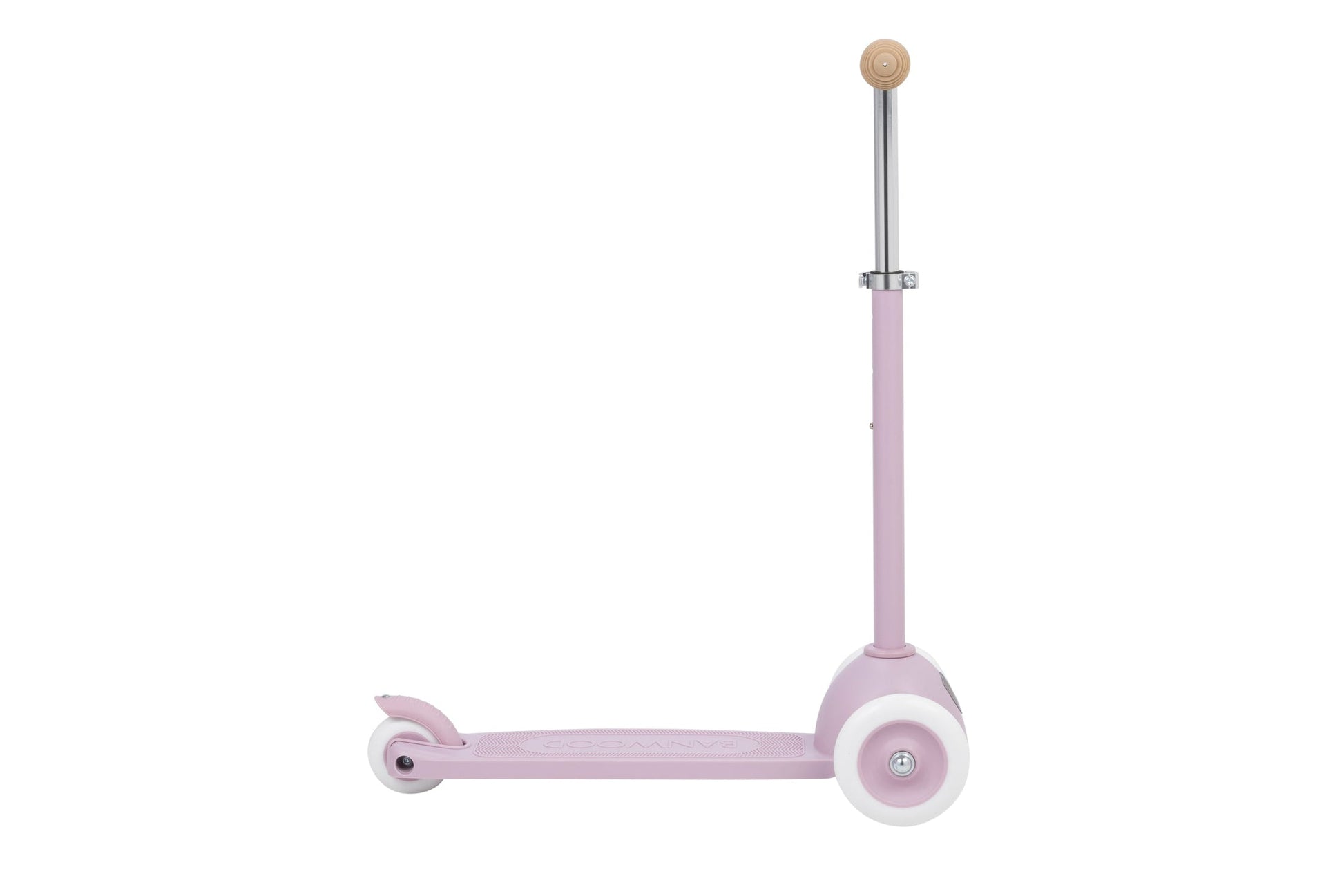 Banwood Kids’ Eco Scooter with Basket in pink, featuring three white wheels and beige handle grips, shown from the side against a white background.