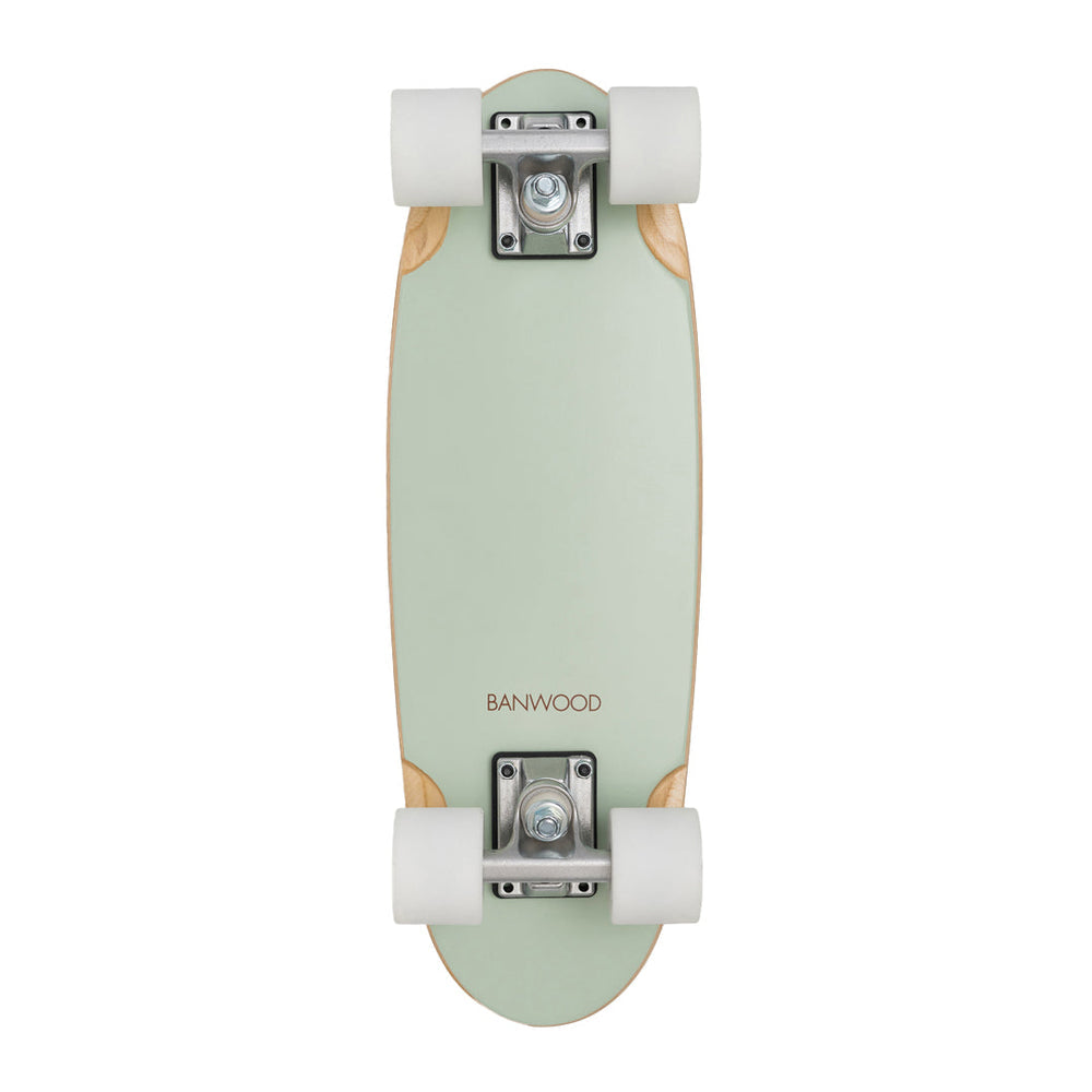 Top view of a Banwood skateboard in mint green with white wheels, crafted from Canadian Maple, providing a smooth ride for any cruiser board enthusiast.