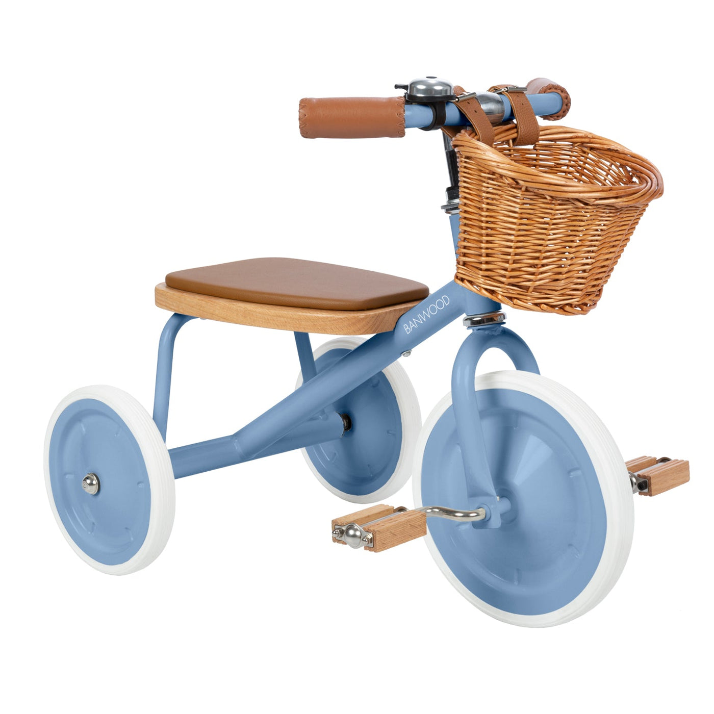 The Banwood Trike Vintage is a blue kid’s tricycle featuring white wheels, a brown seat and handles, and a charming wicker basket attached to the handlebars—an ideal and stylish choice for little riders.