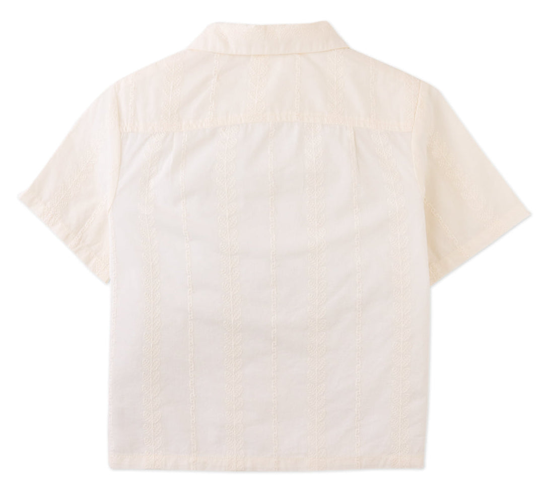 The Boys' Armin Embroidered Camp Collar Shirt by Gingersnaps is displayed from the back, showcasing subtle vertical textures and a pointed camp collar.