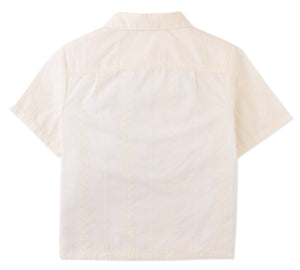 The Boys' Armin Embroidered Camp Collar Shirt by Gingersnaps is displayed from the back, showcasing subtle vertical textures and a pointed camp collar.