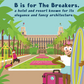 An illustrated scene of P is for Palm Beach with a person carrying luggage and another holding surfboards, with the text "B is for The Breakers, a hotel and resort known for its elegance" by PBJB LLC.