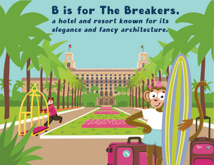 An illustrated scene of P is for Palm Beach with a person carrying luggage and another holding surfboards, with the text "B is for The Breakers, a hotel and resort known for its elegance" by PBJB LLC.