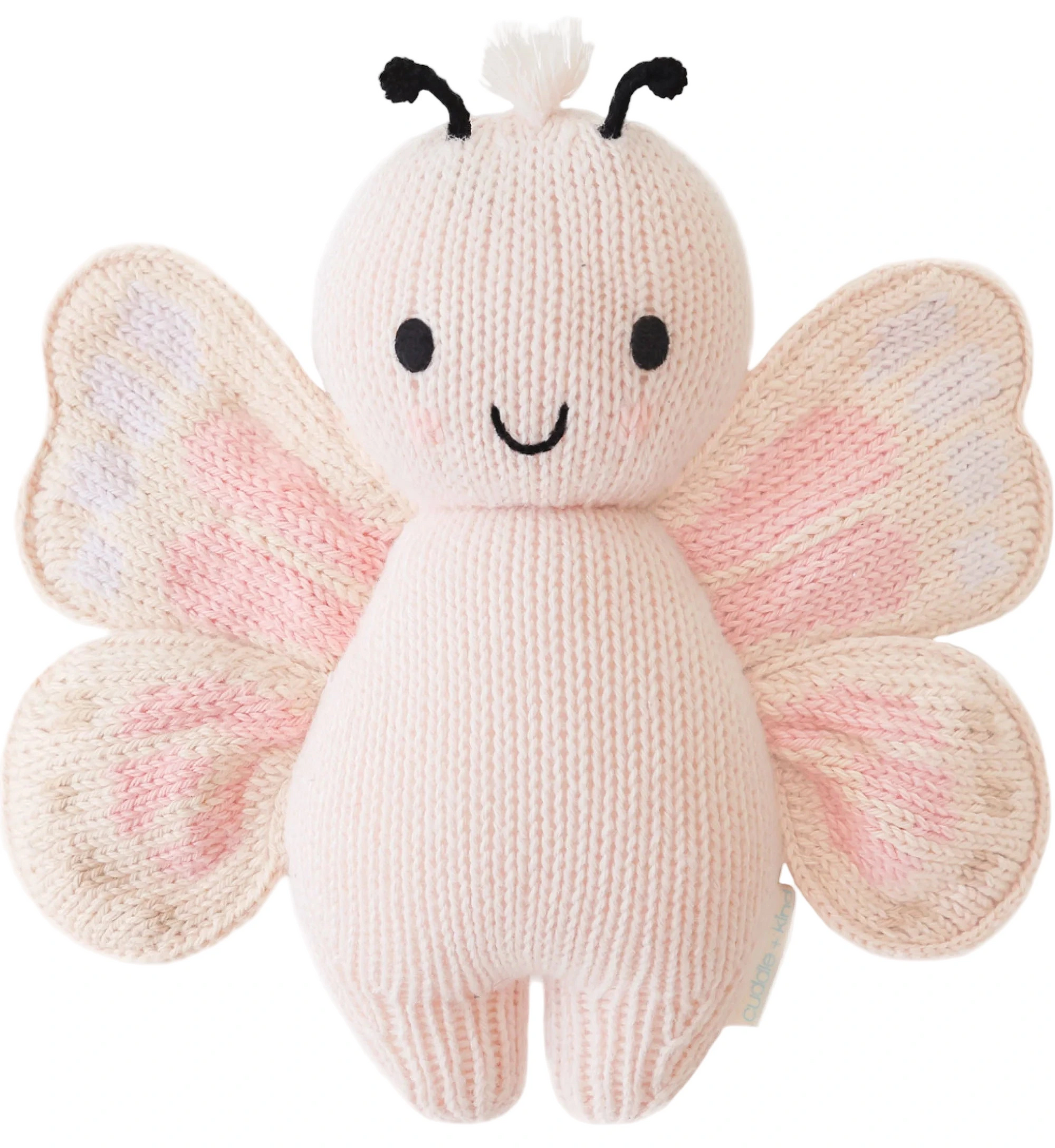 The Baby Butterfly - Petal Pink by Cuddle + Kind is an heirloom-quality, hand-knit plush with pink wings, black antennae, and a sweet smile—an ideal collectible for fans of handmade baby animals.