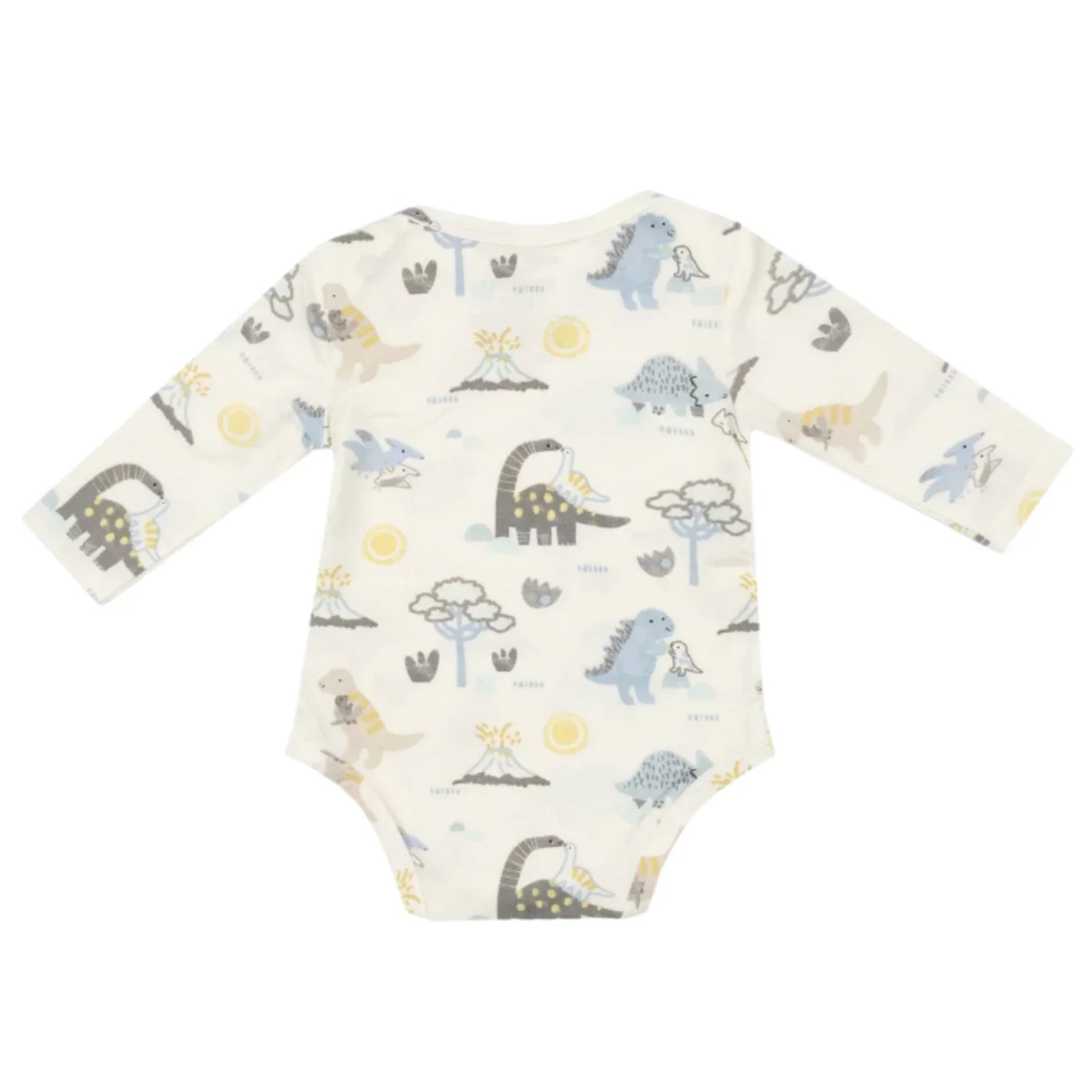 The Angel Dear Baby Love Dinos Bodysuit showcases a charming dinosaur design in shades of beige, blue, and gray on a white base. Made from soft bamboo fabric, it offers a gentle touch for your baby's skin and is conveniently machine washable.