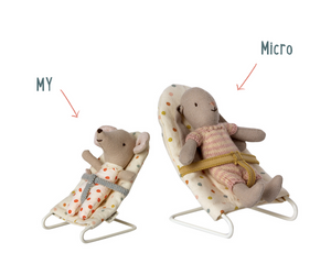 Two sizes of Maileg Babysitter Bunnies in rocking chairs with size labels "my" and "micro.