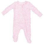 The Angel Dear Baby Girls’ 2-Way Zipper Ruffle Back Zipper Footie is a pink, long-sleeved onesie with closed feet and a convenient front zipper. Featuring a subtle light pink pattern with various shapes, this footie is crafted from soft bamboo fabric—perfect for keeping your baby comfortable and stylish.