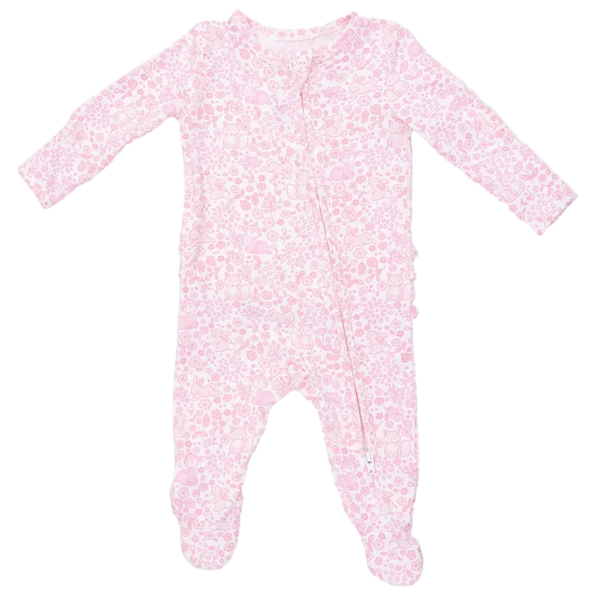 The Angel Dear Baby Girls’ 2-Way Zipper Ruffle Back Zipper Footie is a pink, long-sleeved onesie with closed feet and a convenient front zipper. Featuring a subtle light pink pattern with various shapes, this footie is crafted from soft bamboo fabric—perfect for keeping your baby comfortable and stylish.