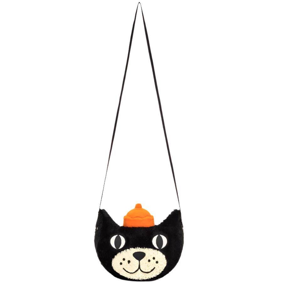 Black cat-shaped Jellycat Bag from Jellycat featuring a smiling face, an orange hat, and a webbed cross-body strap.