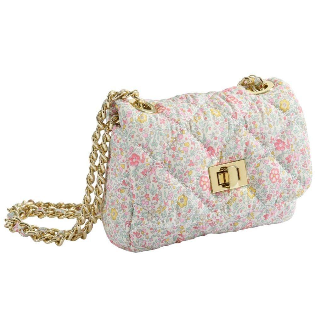 The Milledeux® Small Chain Bag – Liberty Fabric Katie & Millie B is a quilted floral handbag that showcases Liberty of London fabric, complete with a gold chain strap and a rectangular gold clasp.